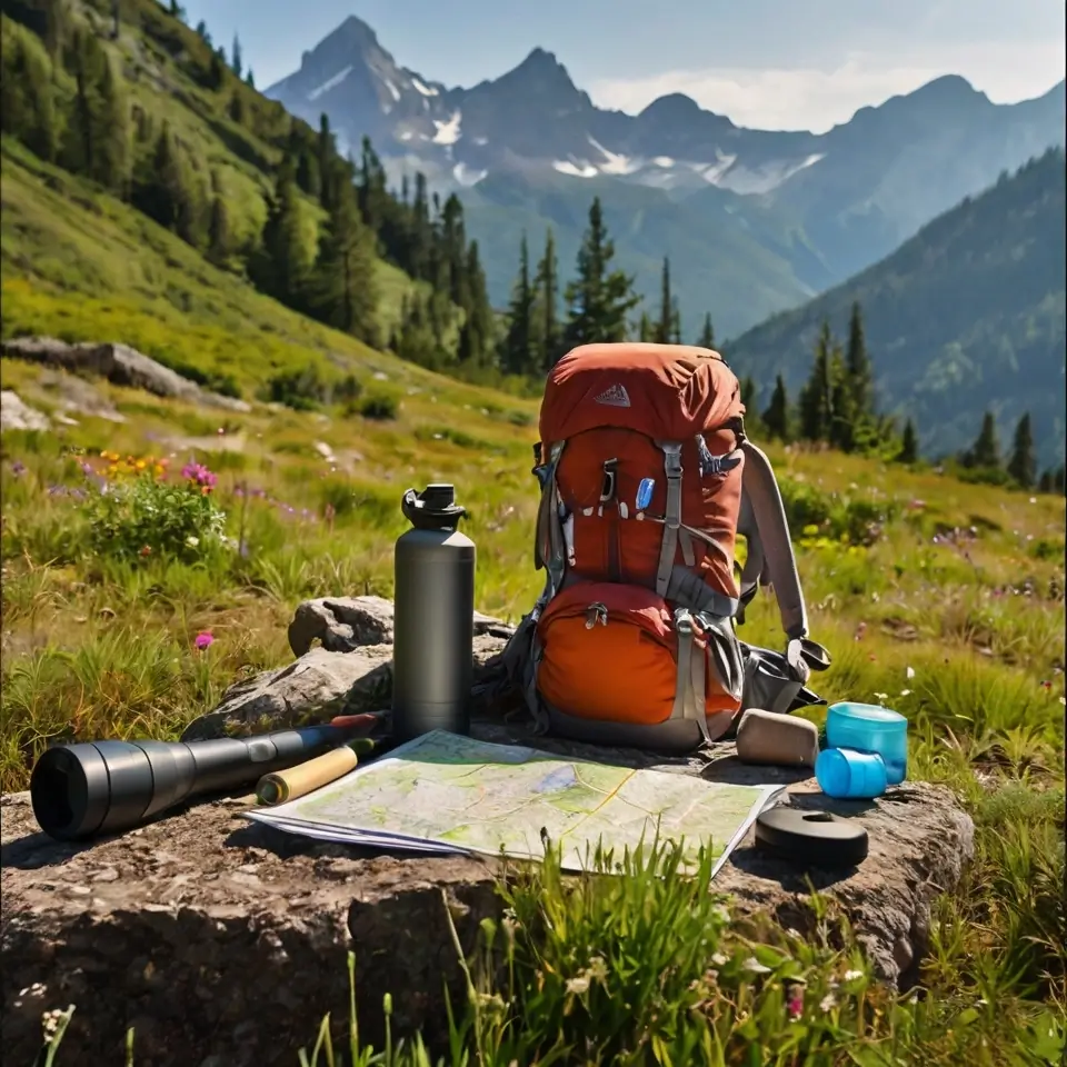 Colorful hiking backpack on a forest trail with sunlight filtering through the trees