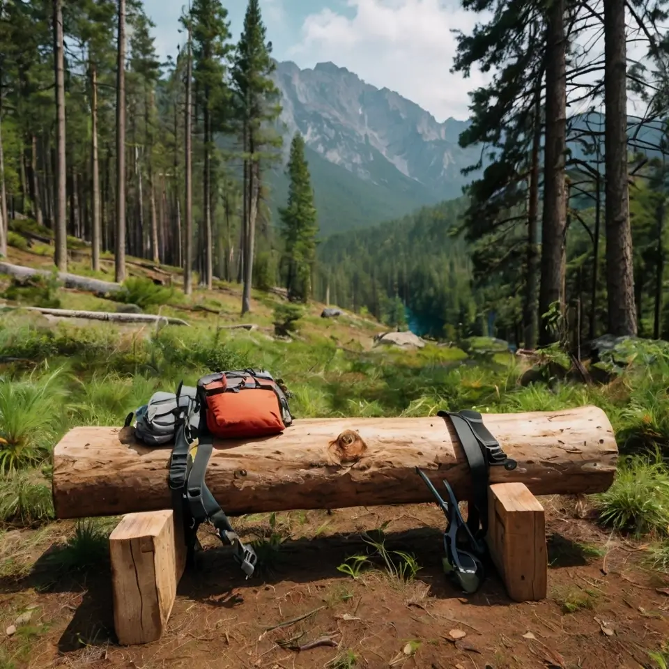 Resting spot with a backpack, map, and trekking poles under pine trees