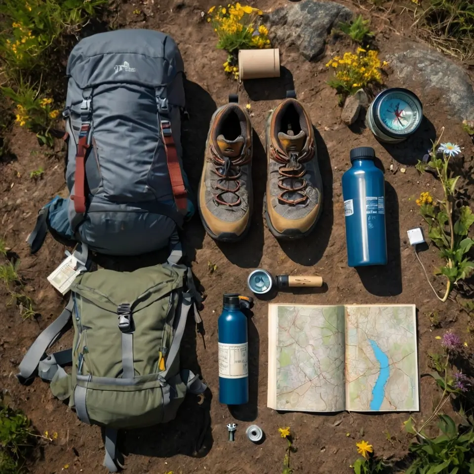 Mountain hiking gear laid out on a rock with a map and multi-tool