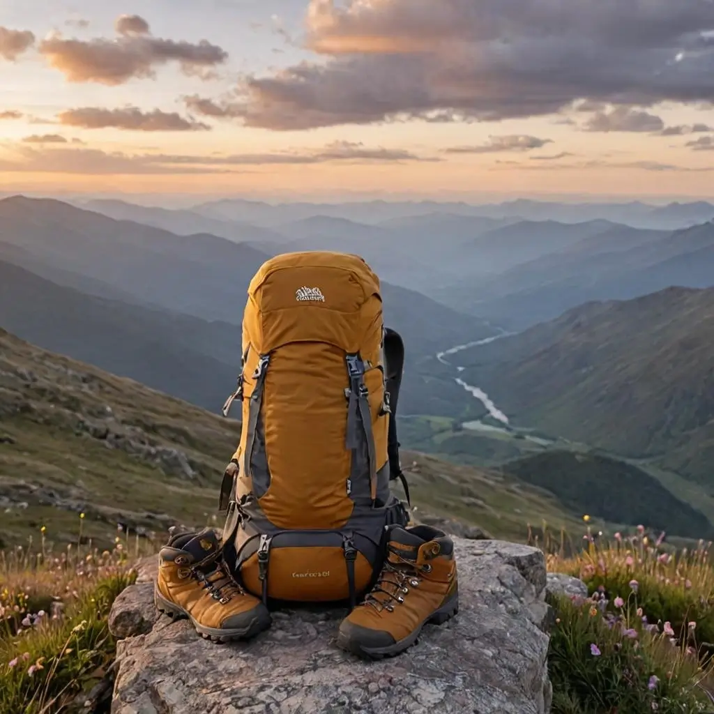 Person adjusting backpack straps with a mountain range in the background